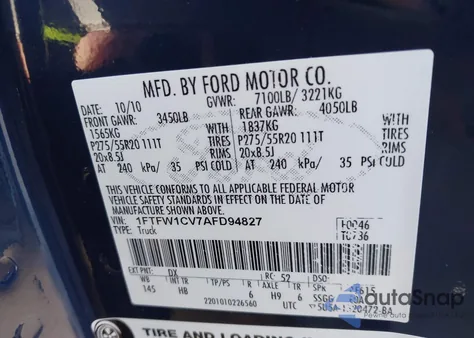 2010 Ford F-150 Fx2 Sport/Harley-Davidson/King Ranch/Lariat/Platinum/Xl/Xlt z USA, uszkodzony, nr VIN 1FTFW1CV7AFD94827